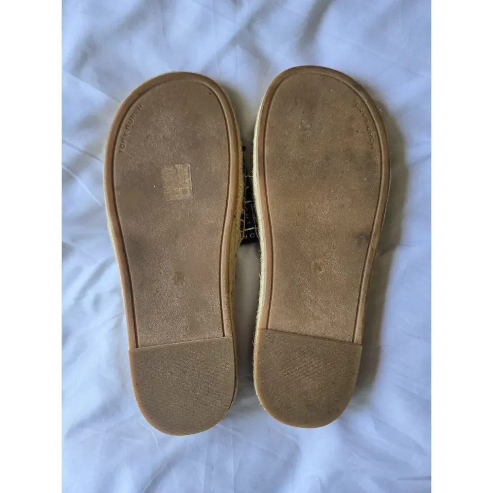 TORY BURCH Sandals Black Ribbon Espadrille Slides Womens 7.5 Coastal Hamptons